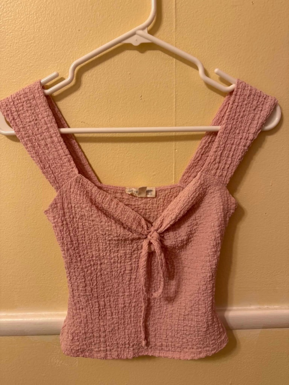 See You Monday Pink Textured Tie-Front Crop Tank